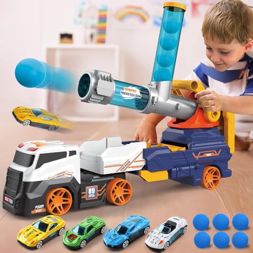 Dwi Dowellin Truck Toys for Kids, 28" Large Car Toys Include 4 Race Cars+6 Soft Foam Balls, with Light & Sounds, Eejection&Shooting Transport Trucks Toy, Gifts for Boys Girls 3 4 5 6 7 8+ Year Old - Image 2
