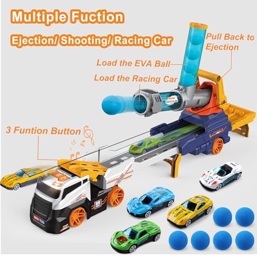 Dwi Dowellin Truck Toys for Kids, 28" Large Car Toys Include 4 Race Cars+6 Soft Foam Balls, with Light & Sounds, Eejection&Shooting Transport Trucks Toy, Gifts for Boys Girls 3 4 5 6 7 8+ Year Old - Image 3