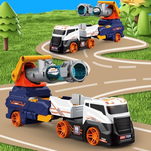 Dwi Dowellin Truck Toys for Kids, 28" Large Car Toys Include 4 Race Cars+6 Soft Foam Balls, with Light & Sounds, Eejection&Shooting Transport Trucks Toy, Gifts for Boys Girls 3 4 5 6 7 8+ Year Old - Image 4