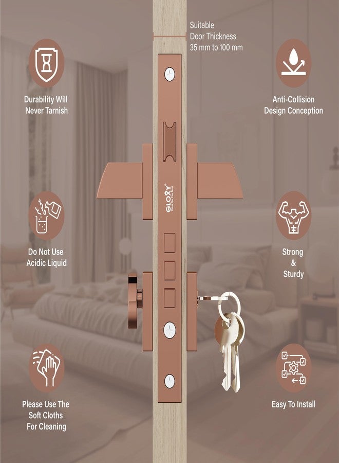 GLOXY Mortise Door Set for Main Door Lock for Bedroom Handle Set with 3 Brass Key for Kitchen, Hotel, Store Room |Rose Gold Finish (2 Years Warranty, Pack of 1) - Image 2