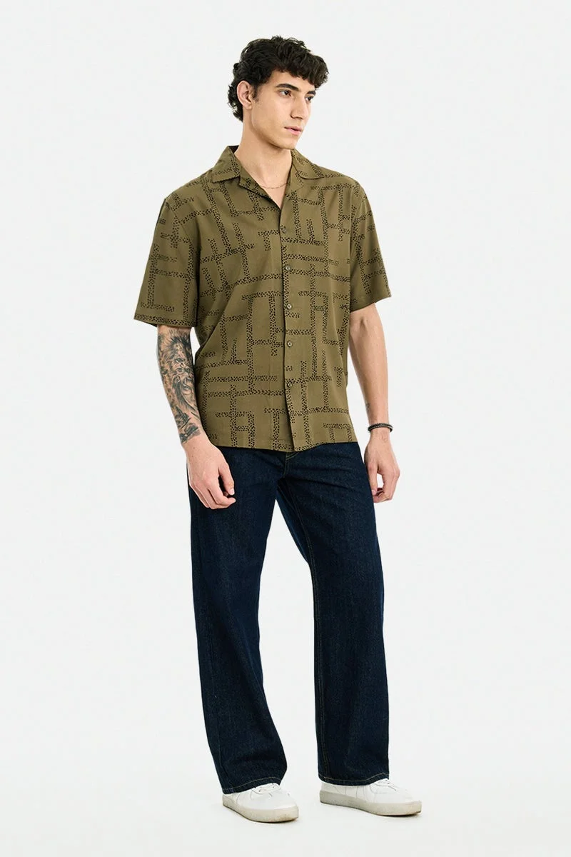 سنيتش Olive Abstract Half Sleeve Boxy Shirt