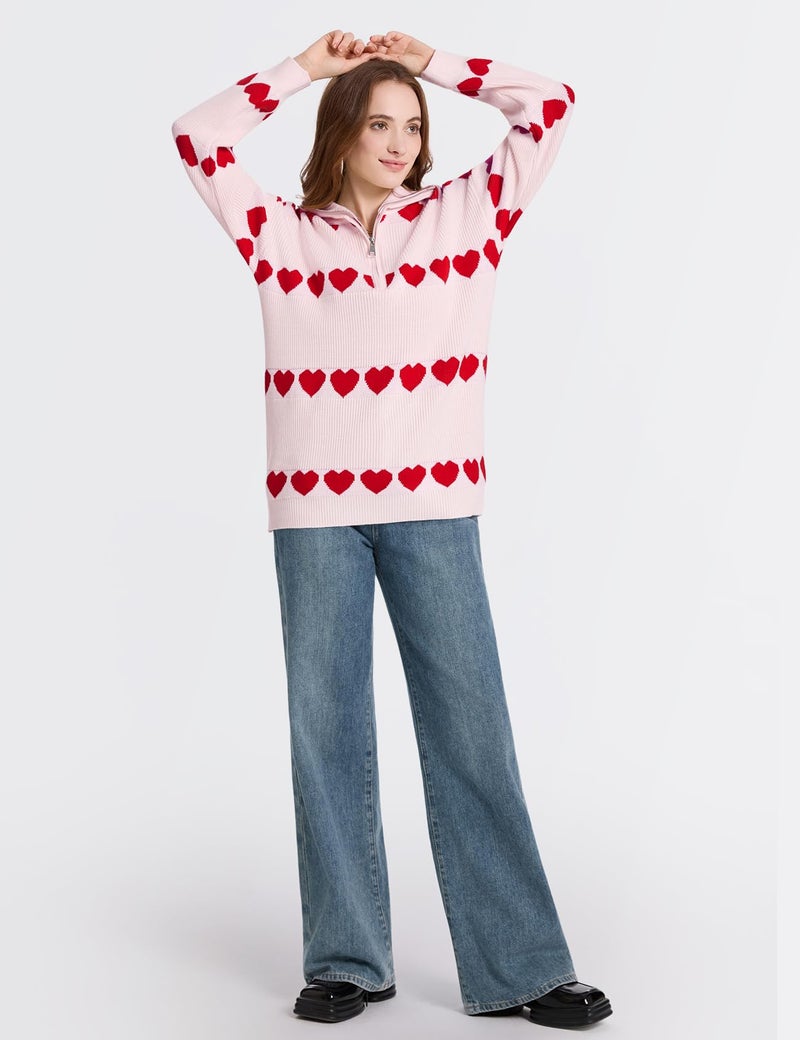 Yimoon Heart Sweater for Women Valentines Day Sweater Oversized Quarter Zip Knit Pullover Cute Chunky Knitwear(Pink-S) - Image 5