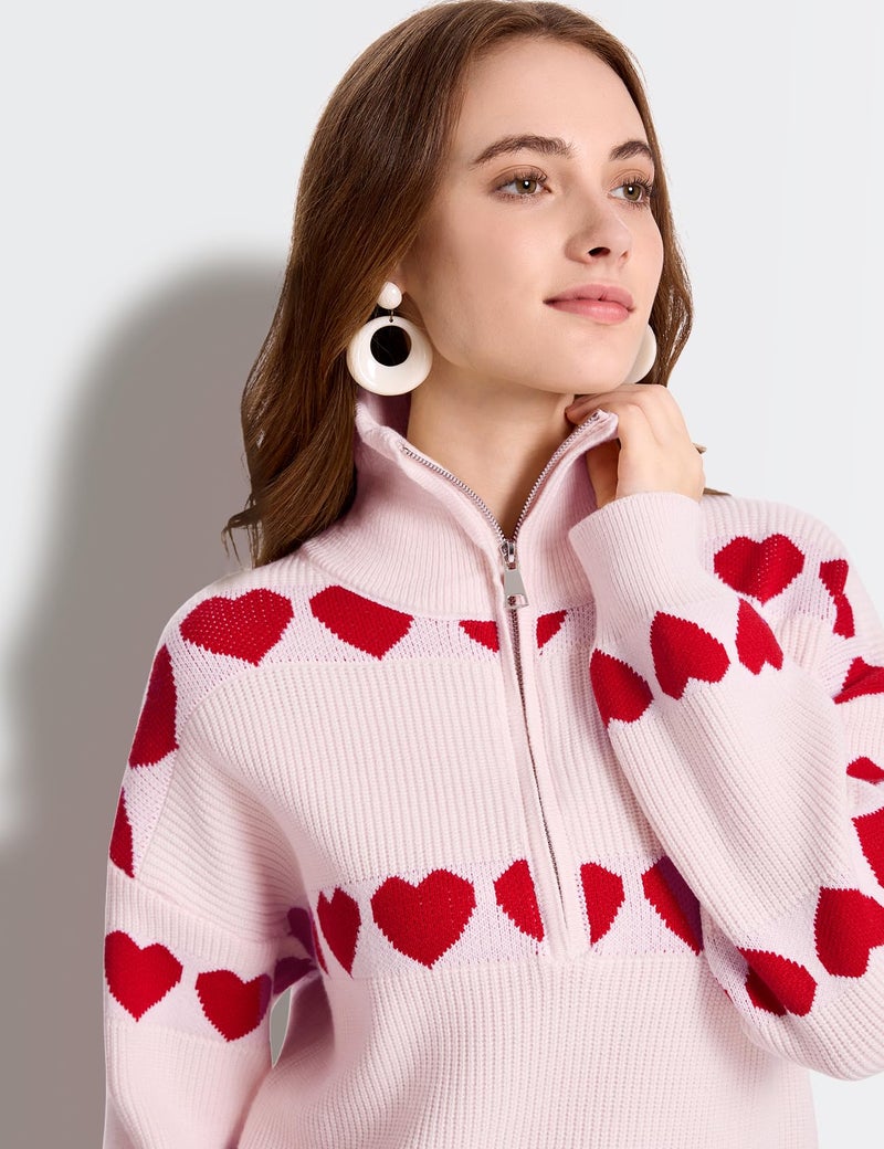 Yimoon Heart Sweater for Women Valentines Day Sweater Oversized Quarter Zip Knit Pullover Cute Chunky Knitwear(Pink-S) - Image 4