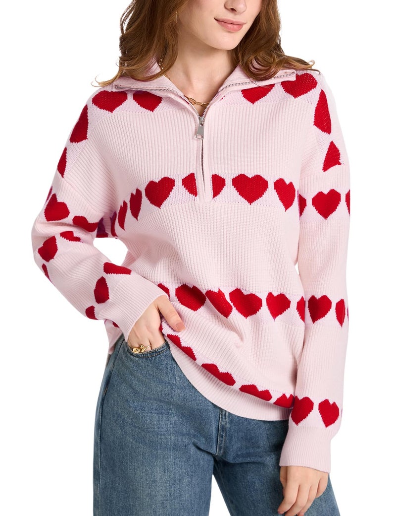 Yimoon Heart Sweater for Women Valentines Day Sweater Oversized Quarter Zip Knit Pullover Cute Chunky Knitwear(Pink-S) - Image 1