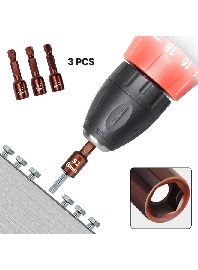 طقم مفكات صواميل مغناطيسية ثلاثي القطع - محول مقبس صدمي متري 8 مم، فولاذ سبيكي S2، ساق سداسي 1/4 بوصة للمثاقب الكهربائية ومفكات الصدمات - Image 1
