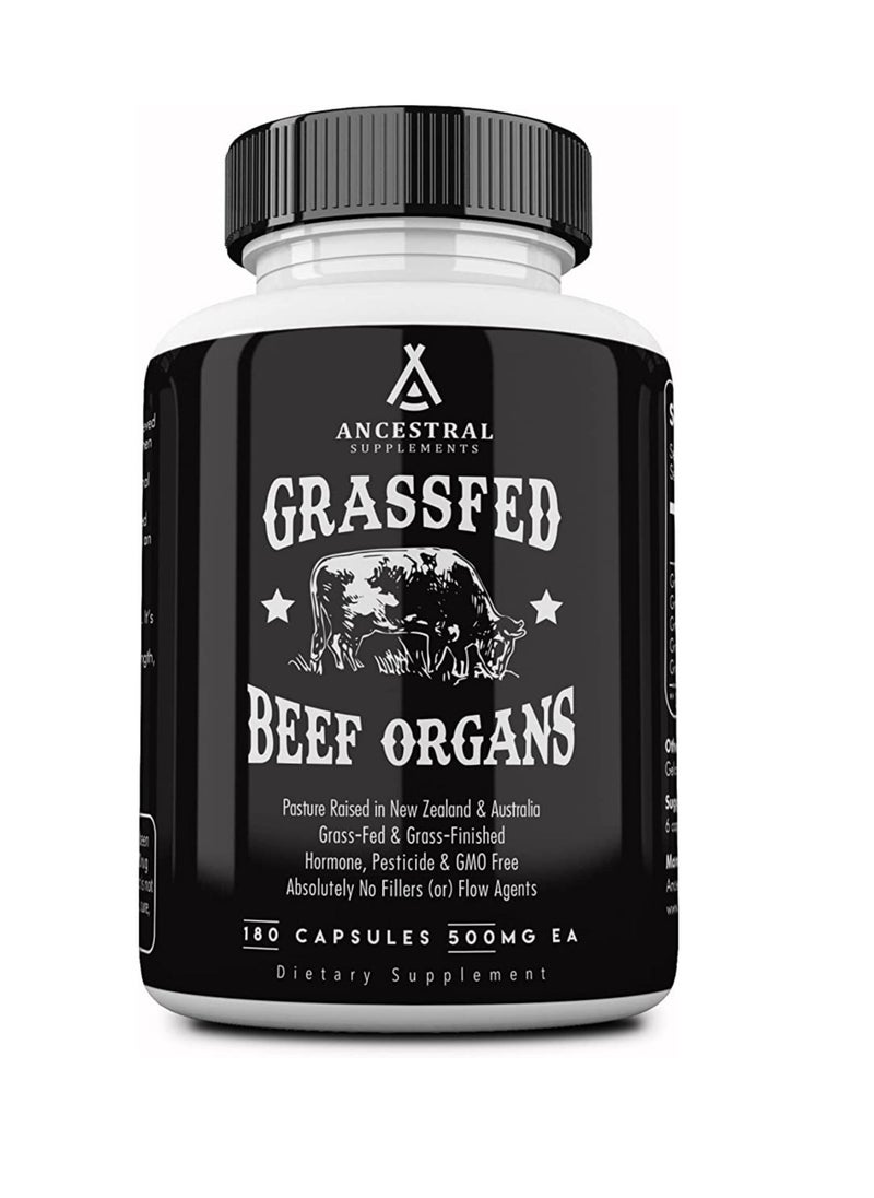 Ancestral Supplements Grass Fed Beef Organs Desiccated Liver, Heart, Kidney, Pancreas, Spleen 180 Capsules 