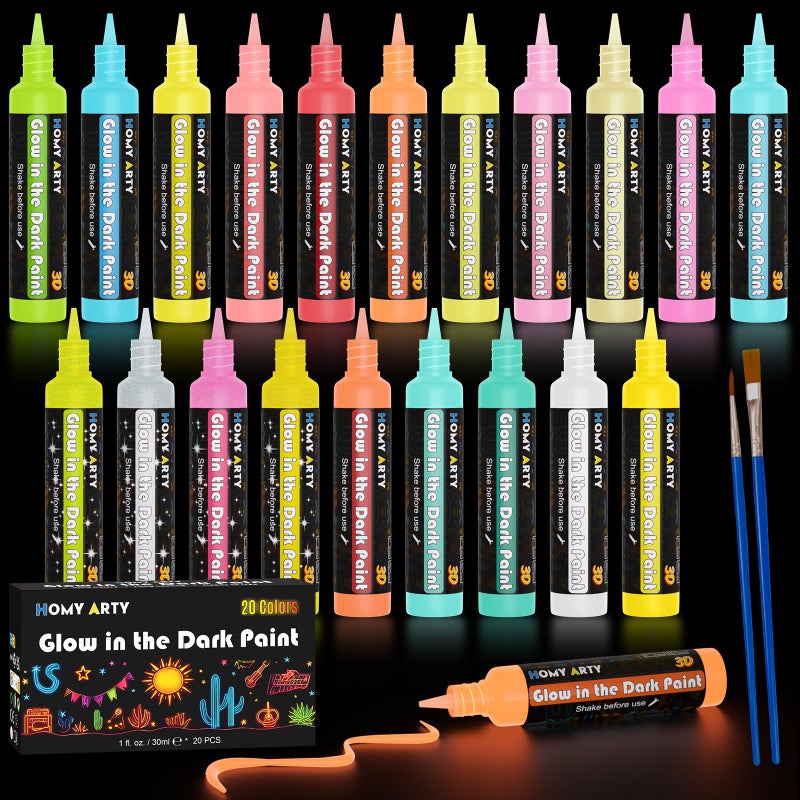 HOMY ARTY Glow in the Dark Fabric Paint 20 Colors 1 floz Each 3D LongLasting Luminous Glow Acrylic Paint for TShirt Canvas Art Supplies DIY Decoration - Image 2