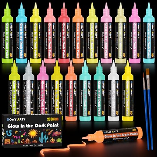 HOMY ARTY Glow in the Dark Fabric Paint 20 Colors 1 floz Each 3D LongLasting Luminous Glow Acrylic Paint for TShirt Canvas Art Supplies DIY Decoration - Image 1