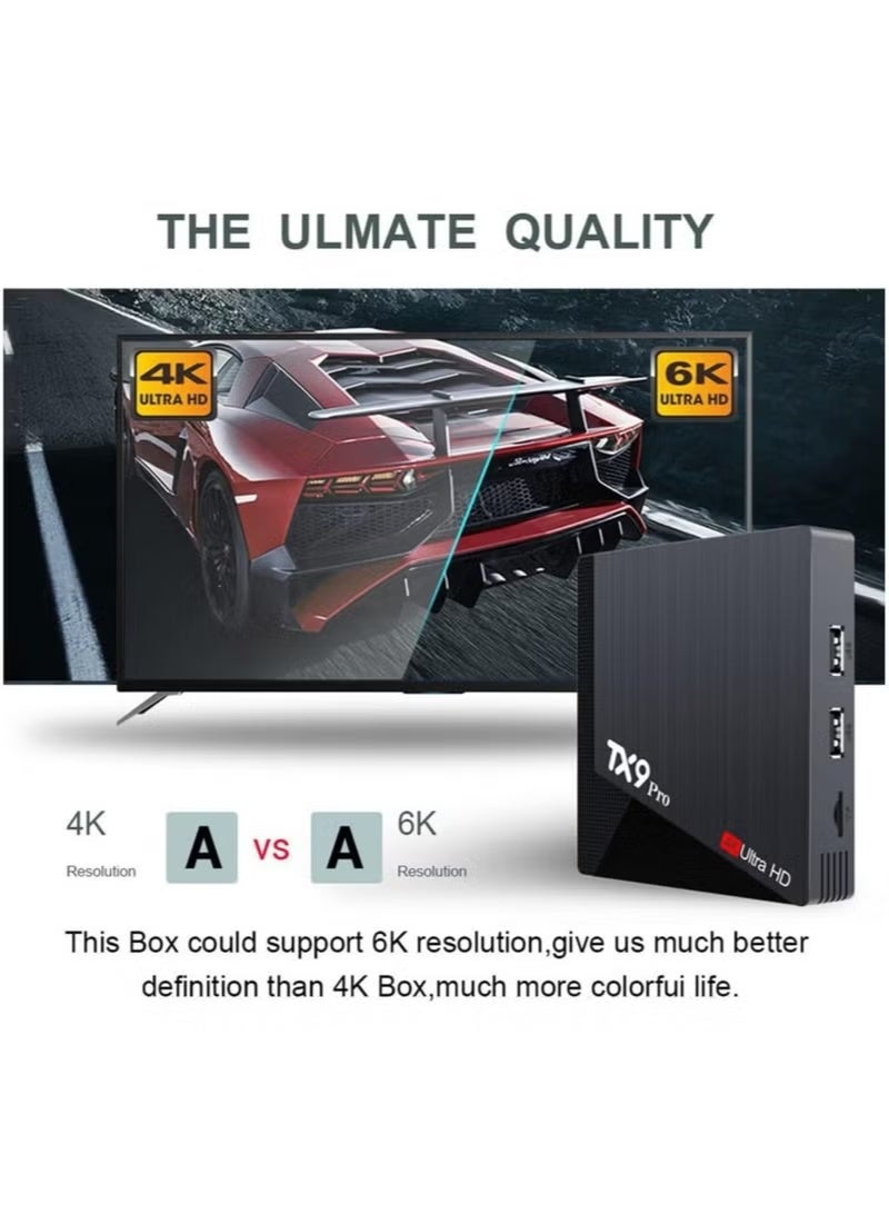 بلو فاير جهاز TX9 Pro ذكي بدقة 6K Ultra HD – ذاكرة 8GB RAM، تخزين 128GB eMMC، معالج رباعي النواة، دعم H.265، مشغل وسائط ذكي للأفلام والمسلسلات والفيديوهات والموسيقى، شاشة رقمية، تصميم مدمج، أسود - Image 2