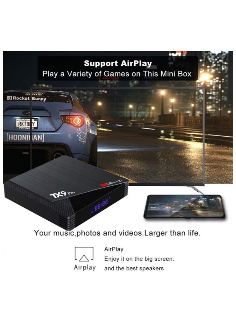 بلو فاير جهاز TX9 Pro ذكي بدقة 6K Ultra HD – ذاكرة 8GB RAM، تخزين 128GB eMMC، معالج رباعي النواة، دعم H.265، مشغل وسائط ذكي للأفلام والمسلسلات والفيديوهات والموسيقى، شاشة رقمية، تصميم مدمج، أسود - Image 3