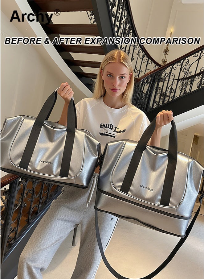 Archy Women's New Large-Capacity Travel Bag - 25L Waterproof Metallic Silver Duffel | 3-Way Carry (Shoulder/Crossbody/Luggage Sleeve) for Short Trips, Gym & Maternity - Image 4
