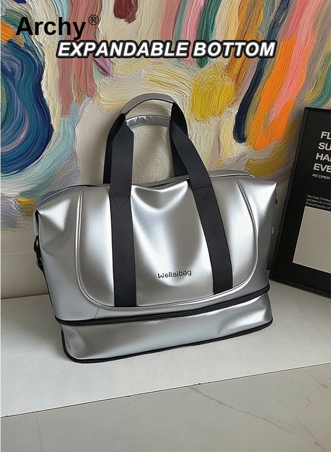 Archy Women's New Large-Capacity Travel Bag - 25L Waterproof Metallic Silver Duffel | 3-Way Carry (Shoulder/Crossbody/Luggage Sleeve) for Short Trips, Gym & Maternity - Image 5