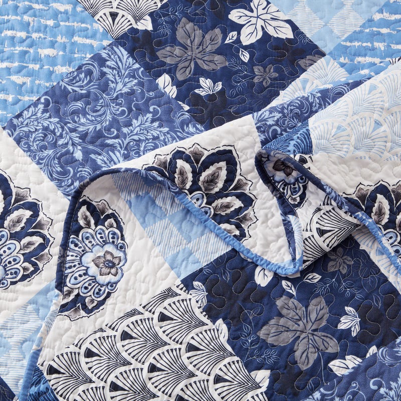 LEAONME Full/Queen Size Quilt Set 3 Pieces Lightweight Reversible Bedspread-90''x98'' Soft Patchwork Floral Coverlet Luxurious Warm Microfiber Bed Cover All Seasons Blue Bedding Set(1 Quilt,2 Pillow Shams) - Image 5