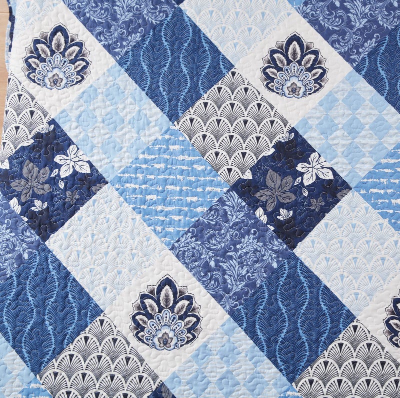 LEAONME Full/Queen Size Quilt Set 3 Pieces Lightweight Reversible Bedspread-90''x98'' Soft Patchwork Floral Coverlet Luxurious Warm Microfiber Bed Cover All Seasons Blue Bedding Set(1 Quilt,2 Pillow Shams) - Image 4