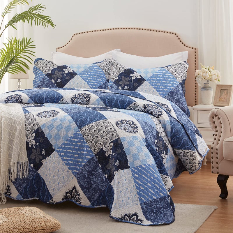 LEAONME Full/Queen Size Quilt Set 3 Pieces Lightweight Reversible Bedspread-90''x98'' Soft Patchwork Floral Coverlet Luxurious Warm Microfiber Bed Cover All Seasons Blue Bedding Set(1 Quilt,2 Pillow Shams) - Image 1
