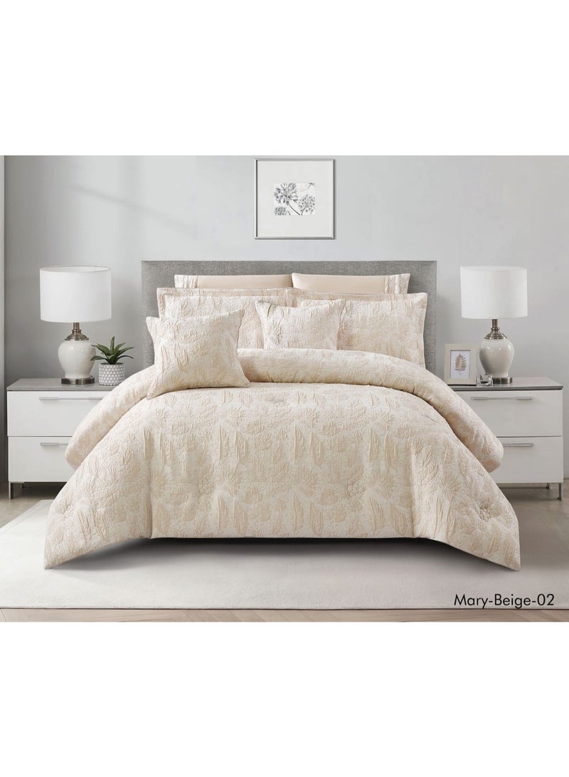 Double summer bedspread set, 8 pieces, high-quality jacquard fabric, adorned with delicate patterns, featuring elegant microfiber lace details. Includes: 1 comforter (240 x 260 cm), 1 fitted sheet (200 x 200 + 30 cm), 4 pillowcases (75 x 50 cm), 1 decorative cushion (45 x 45 cm), and 1 decorative cushion (35 x 50 cm).