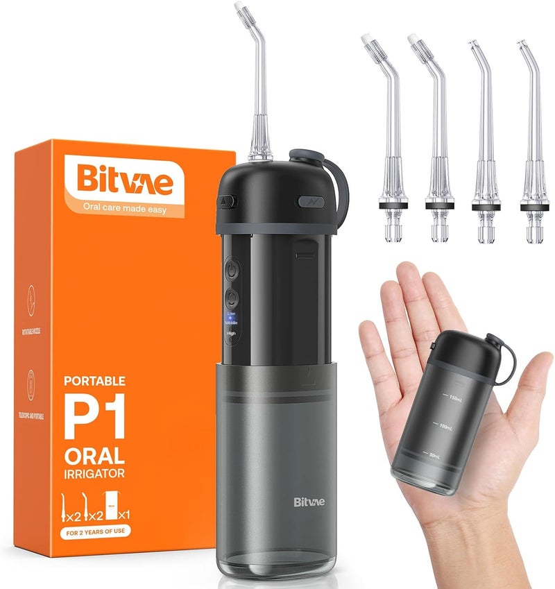 Bitvae P1 Water Dental Flosser, Travel Water Teeth Picks, Cordless Mini Water Cleaner Picks with Telescopic Water Tank, IPX7 Waterproof Flossing Cleaning Picks, Brace & Sensitive Teeth Care, Black - Image 1