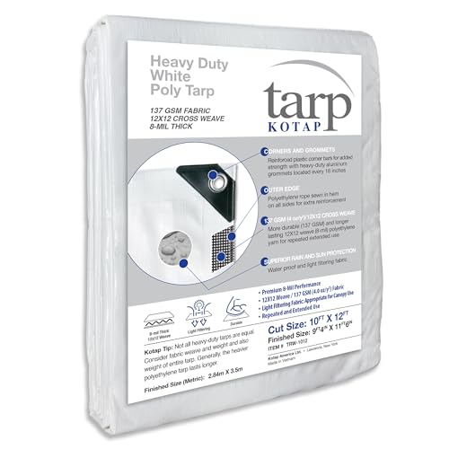 Kotap 10 x 12 Ft. Heavy-Duty Protection/Coverage Tarp, Superior Weave for Greater Longevity 8-mil, Multi-Use, Waterproof, White, 1-Pack (TRW-1012) - Image 1