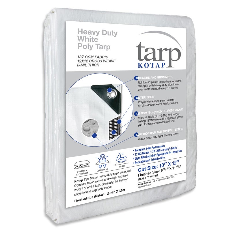 Kotap 10 x 12 Ft. Heavy-Duty Protection/Coverage Tarp, Superior Weave for Greater Longevity 8-mil, Multi-Use, Waterproof, White, 1-Pack (TRW-1012) - Image 3