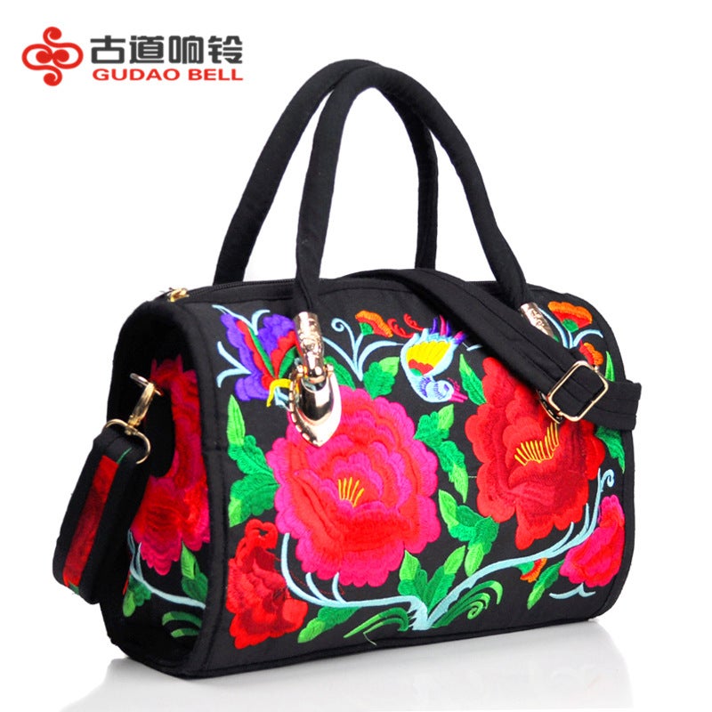 Ethnic-style Embroidered Portable Crossbody Dual-purpose Drum Bag Canvas Embroidered Floral Cloth Bag Travel Shoulder Portable Women's Bag Double Camellia red - Image 1