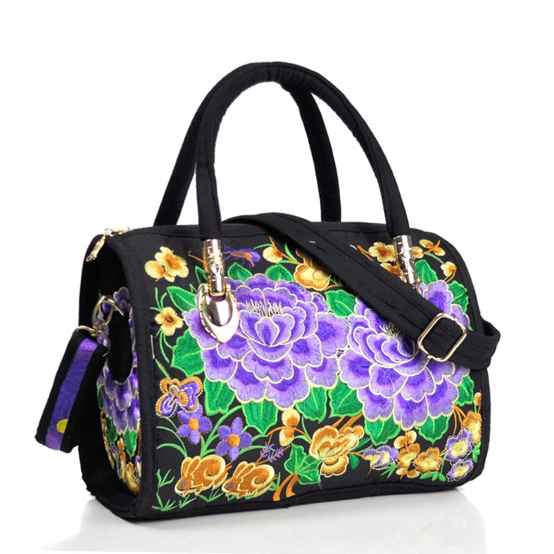 Ethnic-style Embroidered Portable Crossbody Dual-purpose Drum Bag Canvas Embroidered Floral Cloth Bag Travel Shoulder Portable Women's Bag Double Camellia red - Image 3