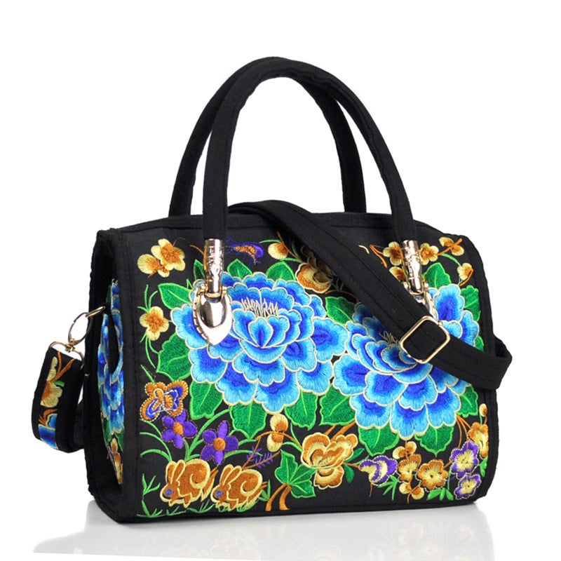 Ethnic-style Embroidered Portable Crossbody Dual-purpose Drum Bag Canvas Embroidered Floral Cloth Bag Travel Shoulder Portable Women's Bag Double Camellia red - Image 4