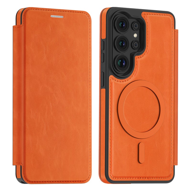 MagSafe Samsung Galaxy S24 Ultra Leather Case , , Cover for , Orange , Texture for School Days - Image 1