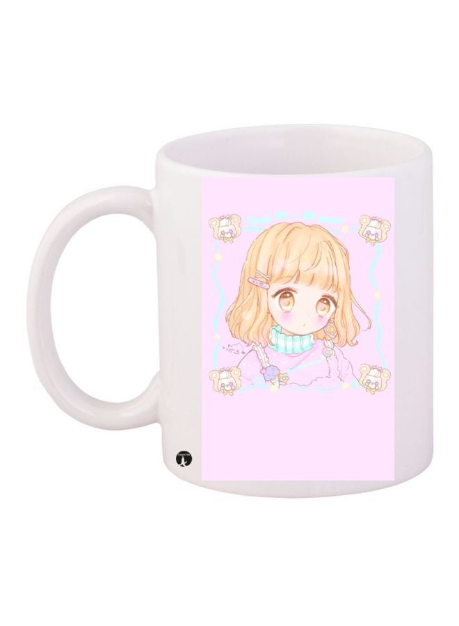 RYN Cartoon Printed Coffee Mug White/Pink/Beige 11ounce