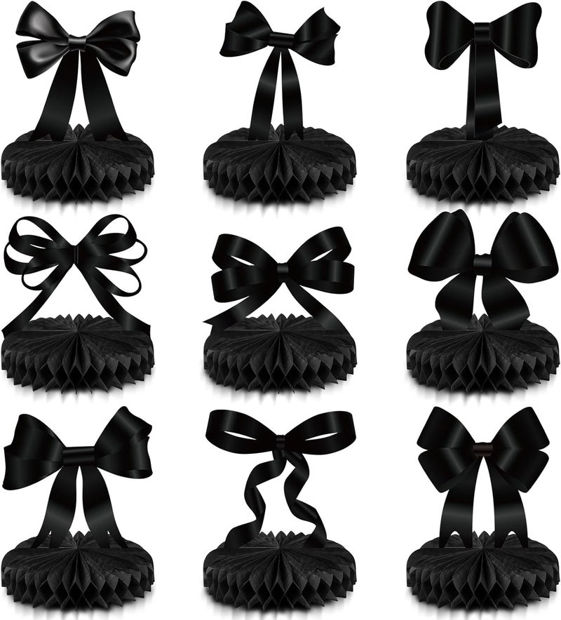 Containlol 9 Pcs Black Bow Birthday Party Decorations Bow Honeycomb Centerpieces Birthday Party Table Decorations Coquette Paper Cutouts Supplies for Bridal Engagement Bachelorette Decor - Image 1