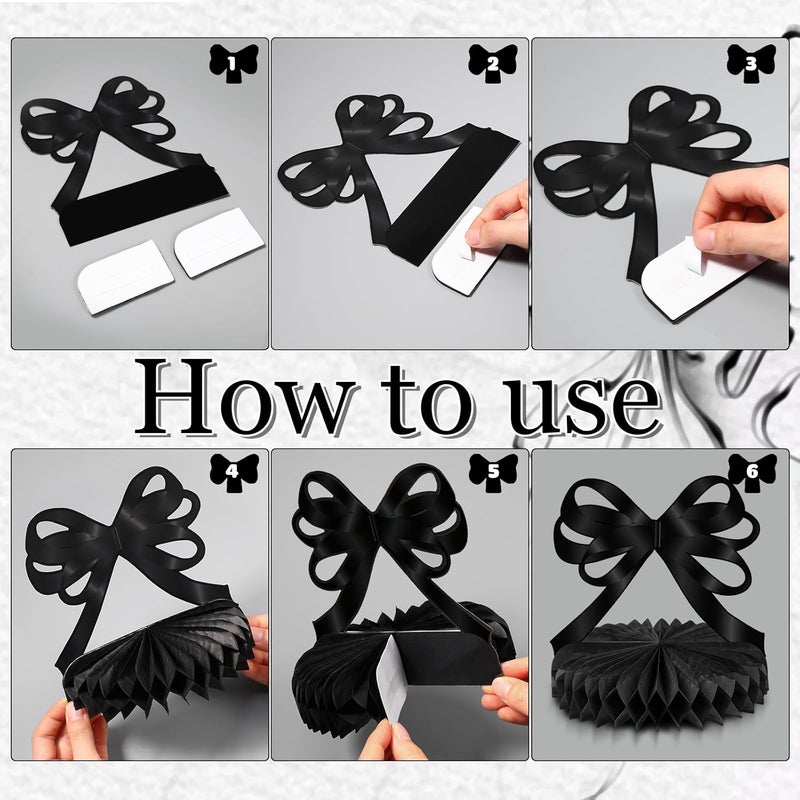 Containlol 9 Pcs Black Bow Birthday Party Decorations Bow Honeycomb Centerpieces Birthday Party Table Decorations Coquette Paper Cutouts Supplies for Bridal Engagement Bachelorette Decor - Image 3