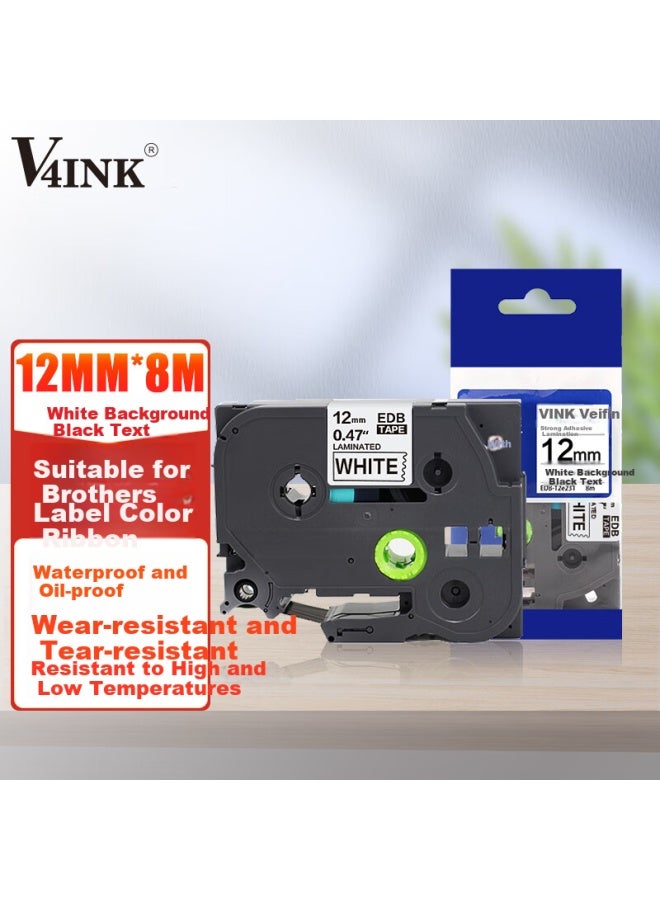 V4ink Compatible With Brother Label Printer Ribbon, 12mm White Background Black Text, Label Printer Ribbon, Suitable For Brother Label Printing Paper T2e-231
