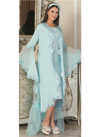 Mecit Pijama By Mecit 5026 Turquoise Tulle Detailed Dressing Gown Maternity Nightgown Set  - Image 1