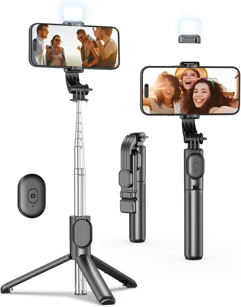 Bouncefit R1S Extendable Selfie Stick with Wireless Bluetooth Remote and Tripod Stand, Rechargable LED Light, Compatible with iPhone/OnePlus/Samsung/Oppo/Vivo/Xiaomi and All Phones (70Cm) - Image 1