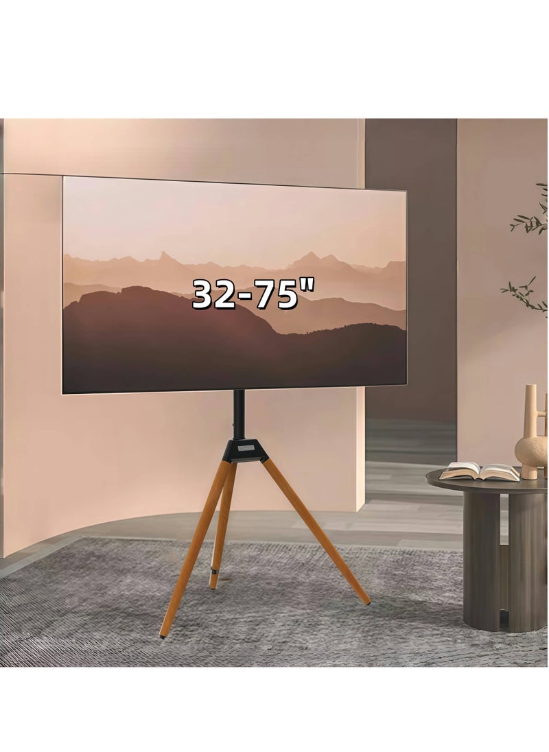 FlashHawk Wood Tripod TV Stand for 32-75 Inch Screens | Height Adjustable Floor Screen Mount | 180° Swivel and Safety Rope for Bedroom, Living Room  - Image 1