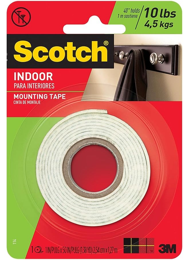 Scotch  Scotch Mount Indoor Tape 1 in x 50 in (2.54cm x 1.27m), 1 roll/pack | Holds up 6.8 kg whole roll | White color | Multi-Surface | Easy to use | No Tools | Double Sided Adhesive Tape  - Image 1