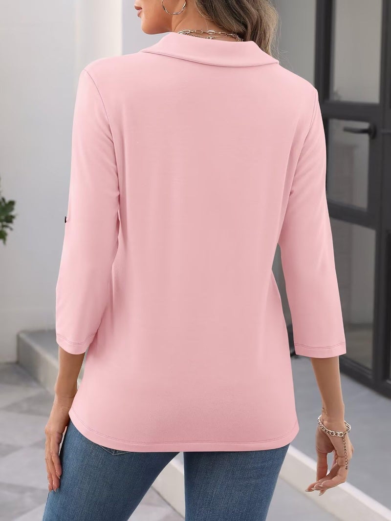 TICTICMISS Women's 3/4 Length Rolled Sleeve Tunic Tops Collared V Neck T Shirts Both Side Buttons Blouses Peach Pink - Image 4