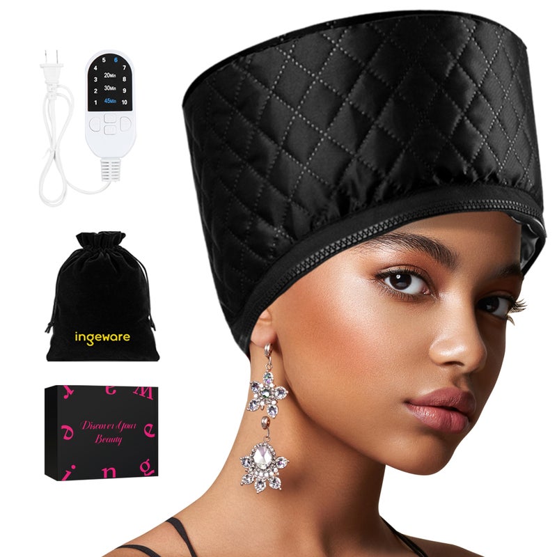 ingeware Heat Cap for Deep Conditioning, Ingeware Thermal Cap for Hair Steamer Cap for Natural Hair Portable Electric Heat Hair Spa Cap for Home Use Pattern (Solid Black) - Image 1