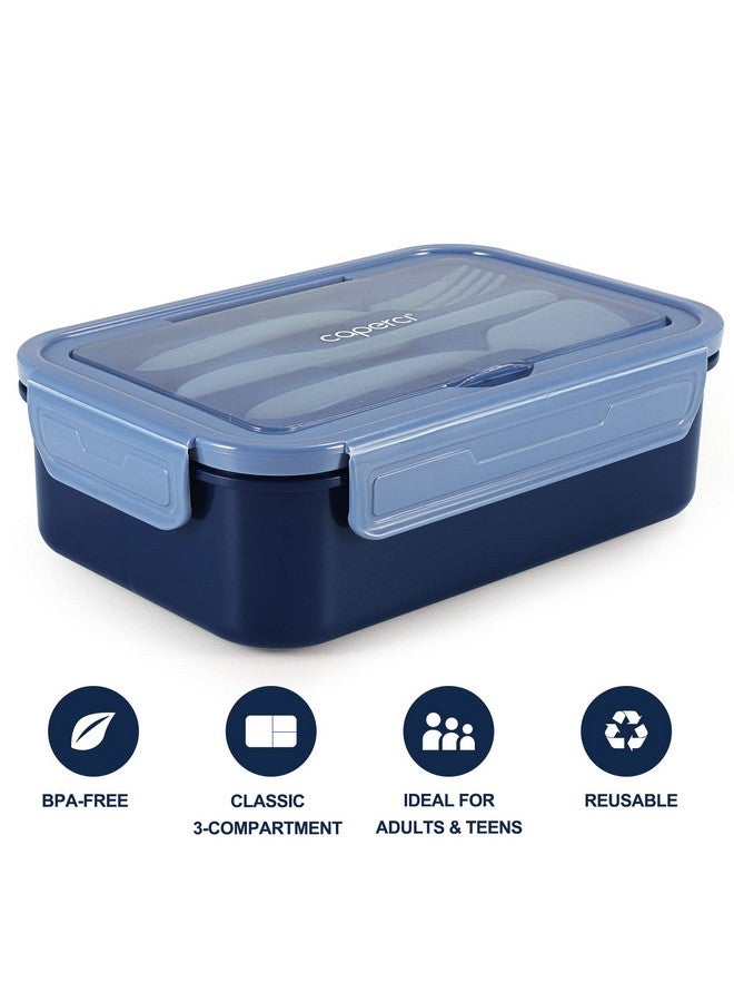 Caperci Classic Bento Box Adult Lunch Box for Older Kids - Leakpoof 47 oz 3-Compartment Containers for Adults and Teens, Built-in Utensil Set, Ideal for On-the-Go Balanced Eating, Navy Blue - Image 5