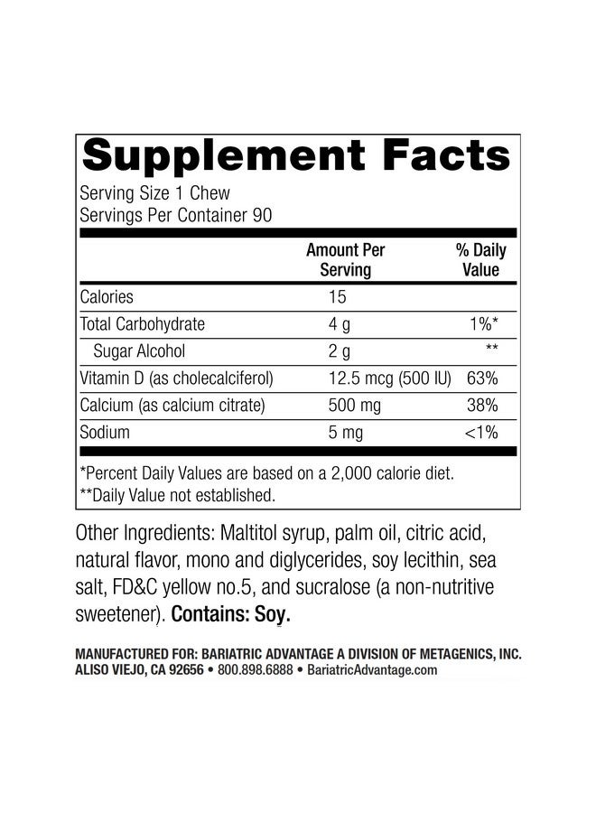 بارياتيك أدفانتج أقراص سيترات الكالسيوم من بارياتريك أدفانتج، ٥٠٠ ملغ، قابلة للمضغ - لمرضى جراحة السمنة - فيتامين د٣ - مكمل كالسيوم قابل للمضغ خالٍ من السكر - أقراص كالسيوم بارياتريك - بنكهة الليمون - ٩٠ قرصًا - Image 1