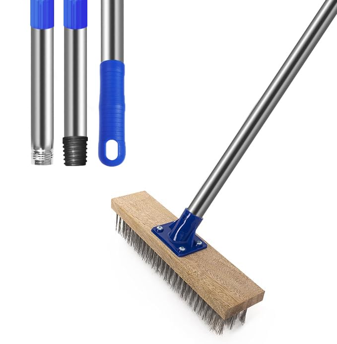 MEIBEI Deck Brush, Stainless Steel Wire with Long Handle 57", Perfect for Algae, Tough Stains on Concrete, Walkways, Patio and Swimming Pool - Image 1