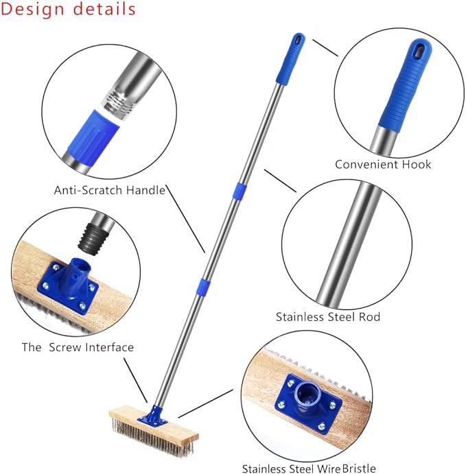 MEIBEI Deck Brush, Stainless Steel Wire with Long Handle 57", Perfect for Algae, Tough Stains on Concrete, Walkways, Patio and Swimming Pool - Image 3