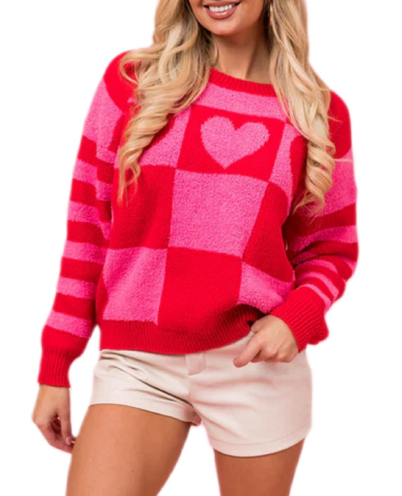 Argeousgor Women Heart Print Sweater Love Graphic Knitted Top Crewneck Cute Holiday Long Sleeve Shirts S