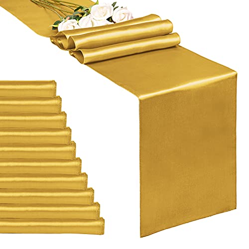 REWOMC 10-Pack Gold 12 x 108 inches Long Premium Satin Table Runner for Wedding, Decorations for Birthday Parties, Banquets, Graduations, Engagements, Table Runners fit Rectange and Round Table - Image 1