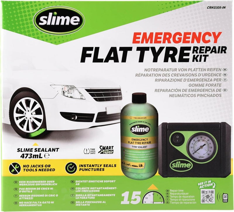 Slime CRK0305 - IN Flat Tyre Puncture Repair, Smart, Emergency Kit for Car Tyres, Includes Sealant and Inflator Pump, Suitable for Cars and Other Highway Vehicles, 15 Min Fix - Image 1