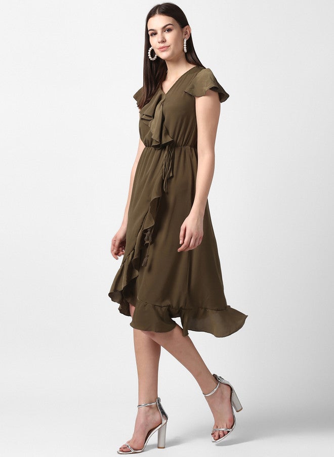 StyleStone فستان ملفوف أخضر زيتوني نسائي من ستايل ستون - Image 4