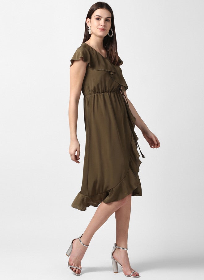 StyleStone فستان ملفوف أخضر زيتوني نسائي من ستايل ستون - Image 3