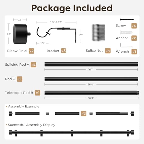 Zeerobee Curtain Rods for Windows 32 to 240, Black Curtain Rod, Adjustable 1 Inch Heavy Duty Outdoor/Indoor Modern Drapery Pole, 32"-240" - Image 5