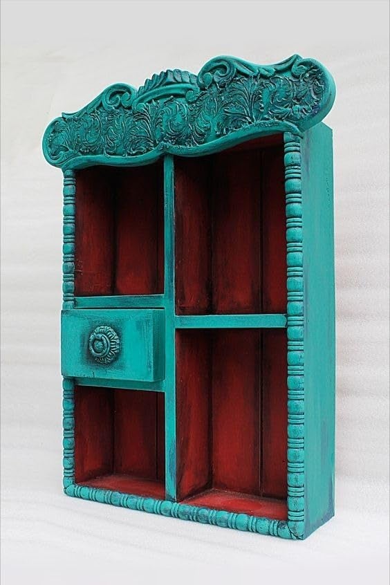 J.L.HOME DECOR JLHOME DECOR Vintage Blue Hand Carved Wooden Wall Shelf Cabinet  - Image 3
