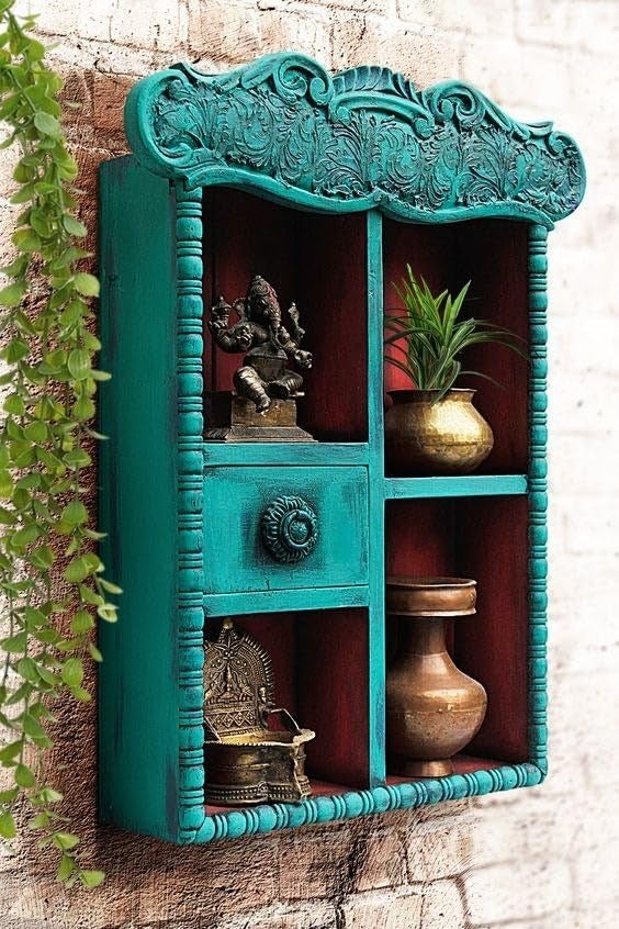 J.L.HOME DECOR JLHOME DECOR Vintage Blue Hand Carved Wooden Wall Shelf Cabinet  - Image 1