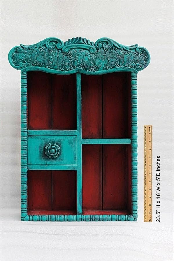 J.L.HOME DECOR JLHOME DECOR Vintage Blue Hand Carved Wooden Wall Shelf Cabinet  - Image 2